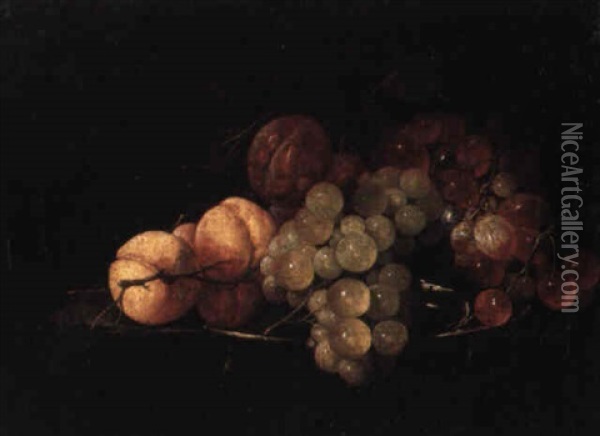 Still Lifes Of Grapes, Peaches And Plums On Pewter Platters Oil Painting - Cornelis De Heem