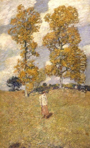 The Two Hickory Trees (golf Player) Oil Painting - Childe Hassam