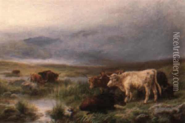 Highland Cattle In A Mist Covered Glen Oil Painting - Henry Garland