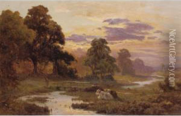 Cattle Grazing At Sunset; Fishing On The River Oil Painting - Edward Henry Holder