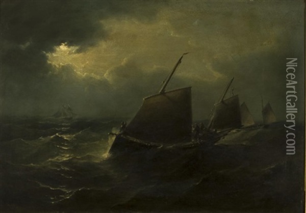 Fishing Vessels In A Choppy Sea Oil Painting - Henry Moore