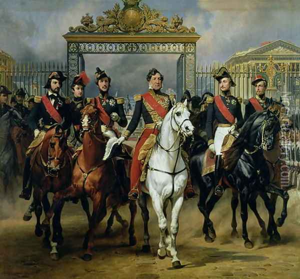 King Louis-Philippe 1773-1850 of France and his sons leaving the Chateau of Versailles on horseback, 1846 Oil Painting - Carle Vernet