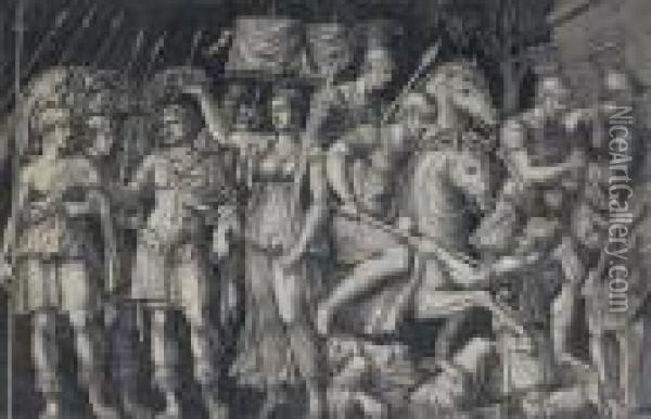 Le Martyre De Saint Laurent - 
Trajan Entredans La Ville De Rome Couronne Par La Victoire. Oil Painting - Marcantonio Raimondi