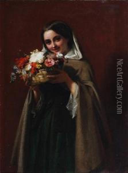 Young Girl Holding A Basket Of Flowers Oil Painting - John Phillip