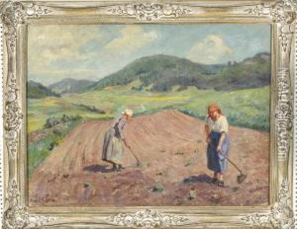 Zwei Bauerinnen Bei Der Feldarbeit Vor Weiter, Hugeliger Landschaft Oil Painting - Max Von Schellerer
