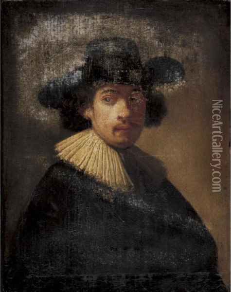 Portrait Of A Man, Half Length, Wearing A Black Hat Oil Painting - Rembrandt Van Rijn