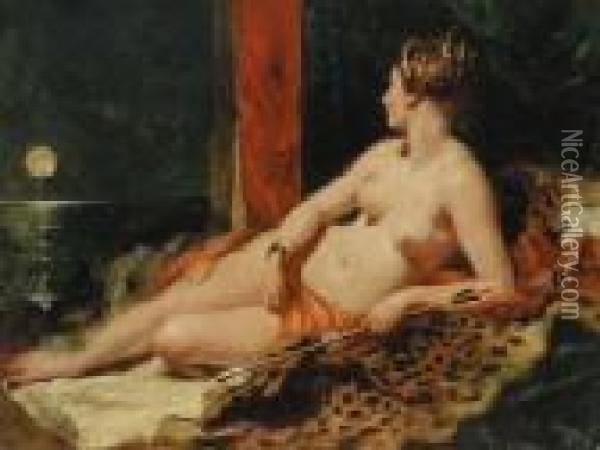 Venus Reclining, Holding An Arrow, Looking Towards A Full Moon Oil Painting - William Etty