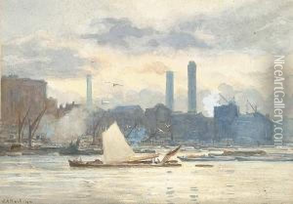 River Traffic At Bankside; Together With Three Other Views Of London Oil Painting - Eric Walter Powell