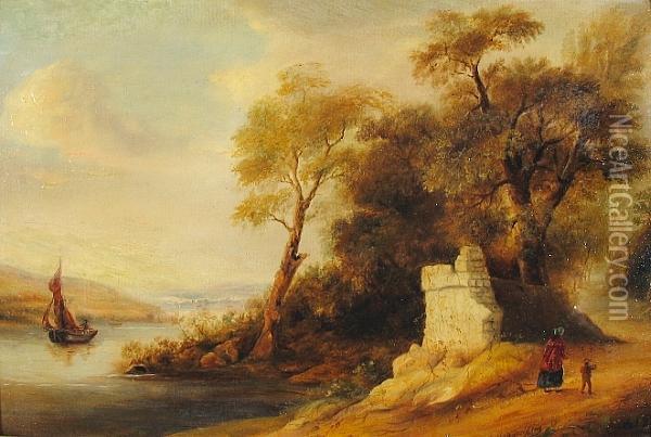 A River Landscape With A Mother And Child In The Foreground Oil Painting - Anthony Vandyke Copley Fielding