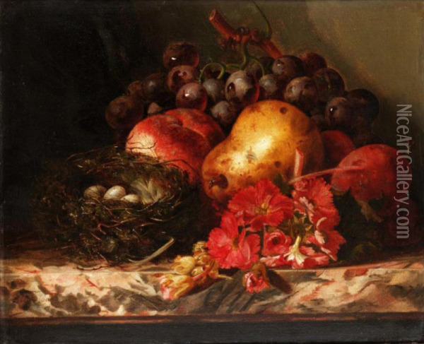 Still Life Of Fruit, Flower And A Birds Nest Oil Painting - Ellen Ladell