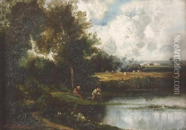 Sommerliche Landschaft Mit Teich. Oil Painting - Jules Dupre