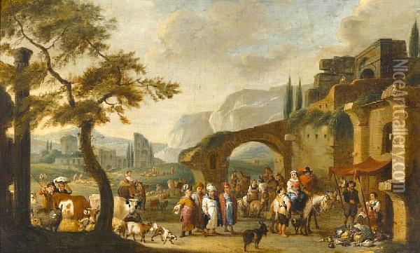 A Market Scene Before Ruins Of A Town Oil Painting - Pieter Van Bredael