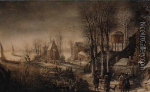 Winter Village Landscape Near A River With Figures Oil Painting - Daniel van Heil