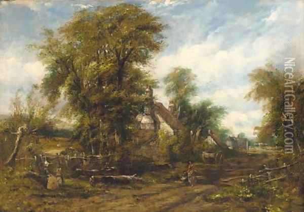 Figures before a cottage on a wooded path Oil Painting - Frederick Waters Watts