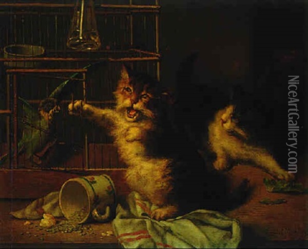Kittens With A Bird Cage Oil Painting - Daniel Merlin