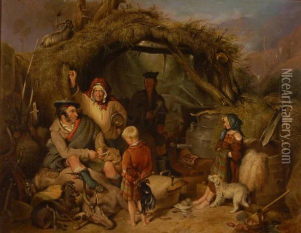 Detailed Scene Depicting A Laird Visiting A Rural Potato Whisky Distillery Oil Painting - Erskine Nicol