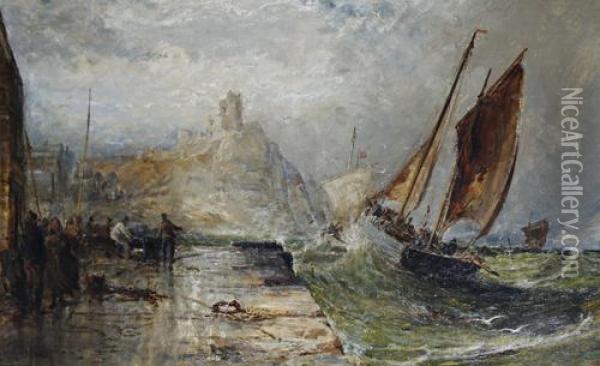 Shipping Off A Pier In Choppy Waters Oil Painting - William Edward Webb