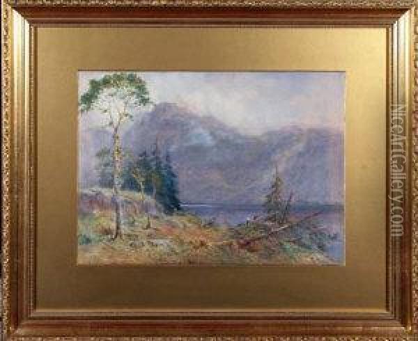 Lumbermen Felling Trees On The Shore Of A Lake Oil Painting - William John Baker