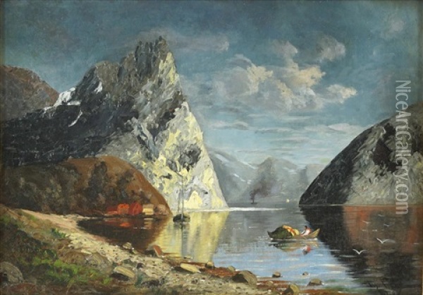 Norwegische Fjordlandschaft Mit Ubersetzendem Boot Oil Painting - Therese Fuchs