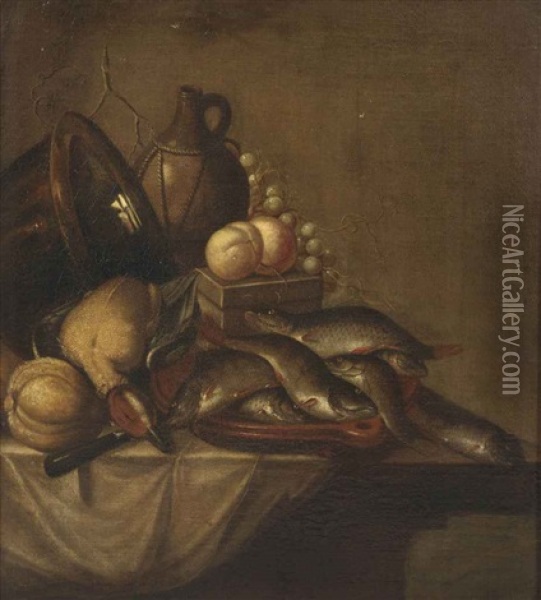 Various Fruits, Copperware, A Pitcher, A Duck And Fish On A Stoneware Platter, All On A Partially Draped Table Oil Painting - Harmen Steenwyck