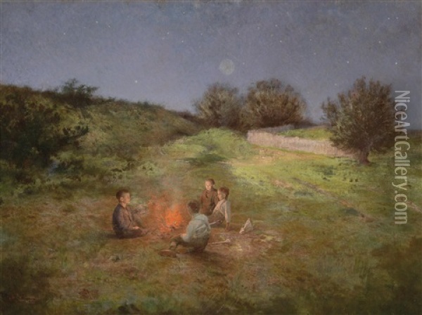 Kinder Am Lagerfeuer Oil Painting - Raimund (Ritter von Brennerstein) Wichera