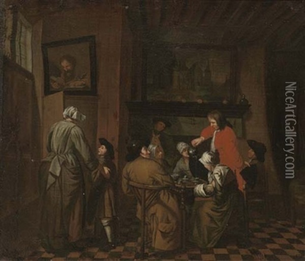 An Interior With Men And Women Drinking Tea Oil Painting - Jan Josef Horemans the Elder