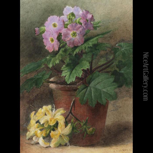 Hardy Geraniums In A Clay Pot With Yellow Lilies Oil Painting - Charles Henry Slater
