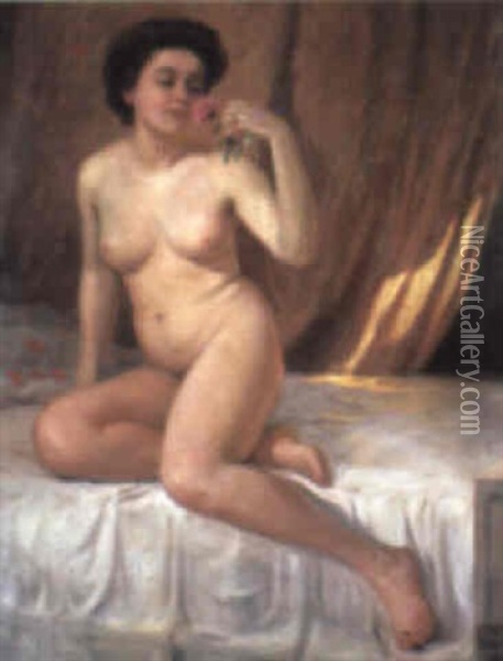 Female Nude Holding A Rose Oil Painting - Gustav Bauer