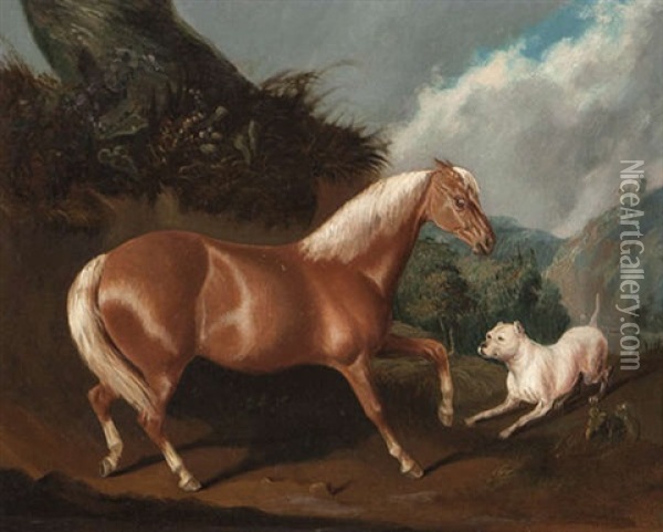A Palomino Pony And A Bull Mastiff In A Landscape Oil Painting - Joseph (of Worcester) Dunn