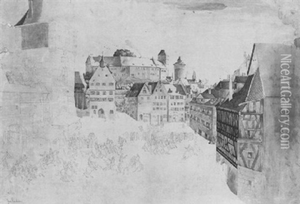 Der Nurnberger Burgplatz Mit Rittern, Im Hintergrund Eine Burg Oil Painting - Johann Jakob Kirchner