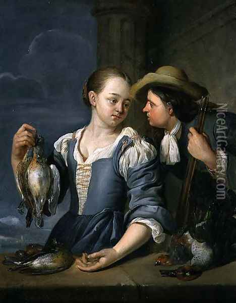 A Young Couple Returning from Shooting with Game, 1678 Oil Painting - Jacob Toorenvliet