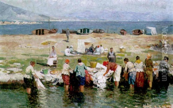 Wascherinnen Am Ufer Oil Painting - Emmanuel Costa