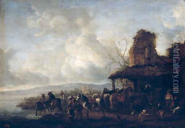 The Stable of a Dilapidated House, c.1640 Oil Painting - Philips Wouwerman