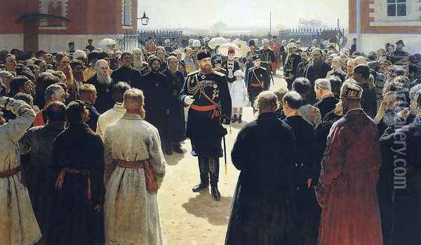 Aleksander III receiving rural district elders in the yard of Petrovsky Palace in Moscow Oil Painting - Ilya Efimovich Efimovich Repin