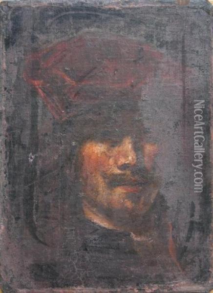 A Moustached Gentleman Wearing A Red Turban And Scarf Oil Painting - Rembrandt Van Rijn