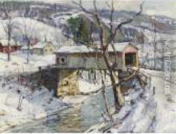 Covered Bridge In Winter Oil Painting - George Gardner Symons