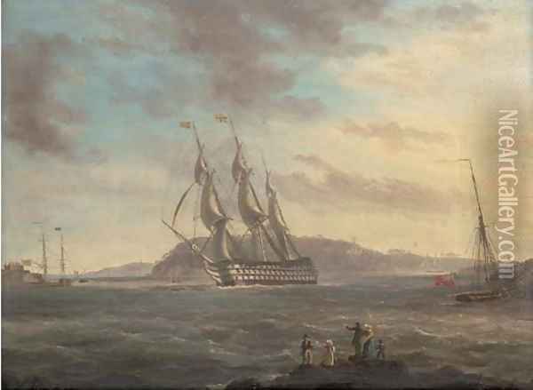 A First Rate making her way down Plymouth Sound in a stiff breeze, with Drake's Island off her starboard bow Oil Painting - Thomas L. Hornbrook