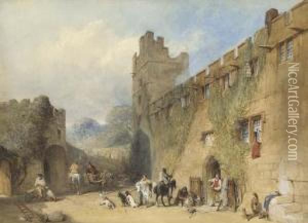 A Shooting Party Outside Haddon Hall, Derbyshire Oil Painting - William of Eton Evans