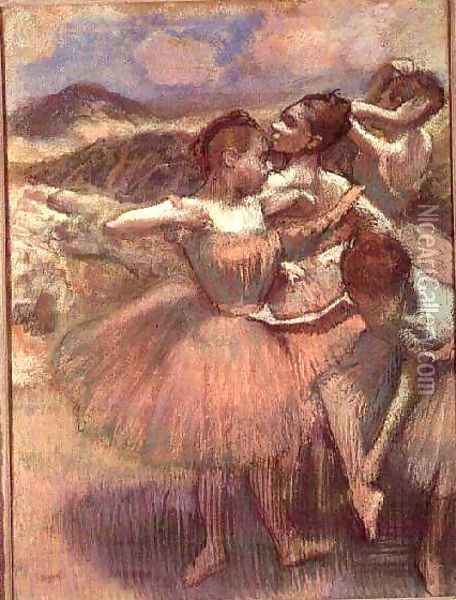 Four dancers on stage Oil Painting - Edgar Degas