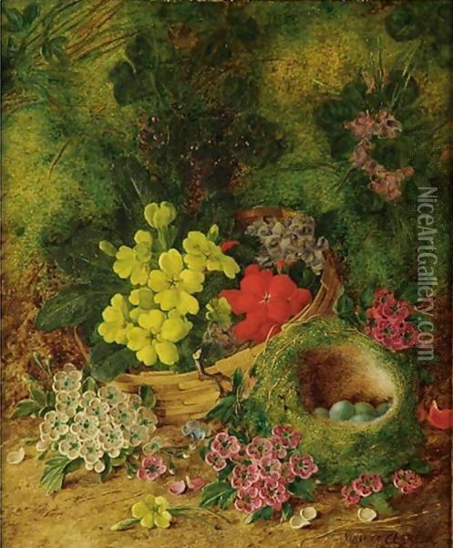 Still Life With Fruit And Still Life With Flowers And Birds Nest A Pair Oil Painting - Vincent Clare