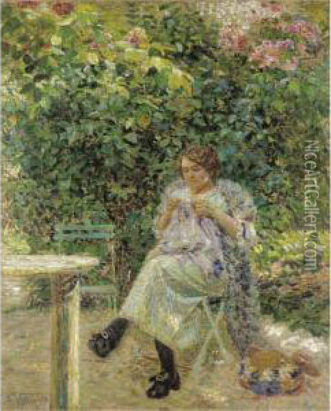 Femme A Sa Couture Assise Dans Un Jardin Oil Painting - Ludovic Vallee