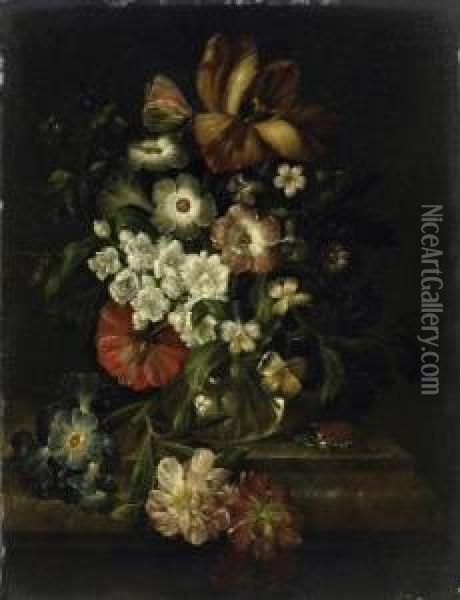 Still Life With A Bouquet Of Flowers And Insects On A Marble Top Oil Painting - Rachel Ruysch