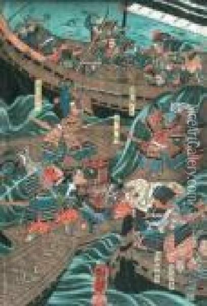 Kampfende Samurai Oil Painting - Utagawa Kuniyoshi
