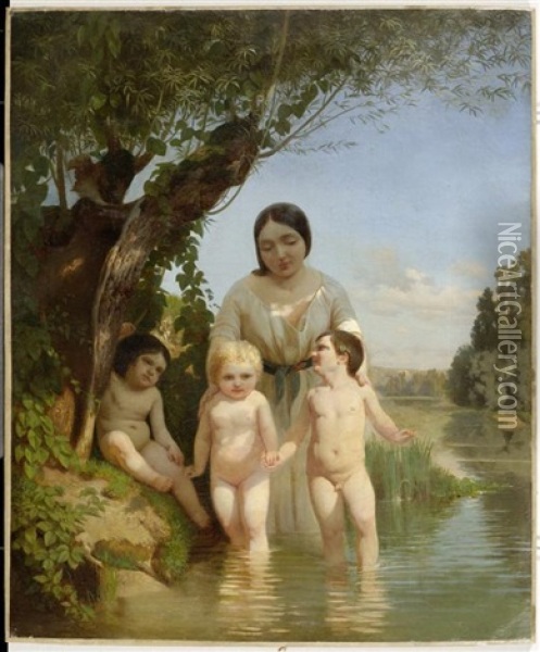 Mutter Mit Drei Kindern Am Fluss Oil Painting - Ludwig Knaus