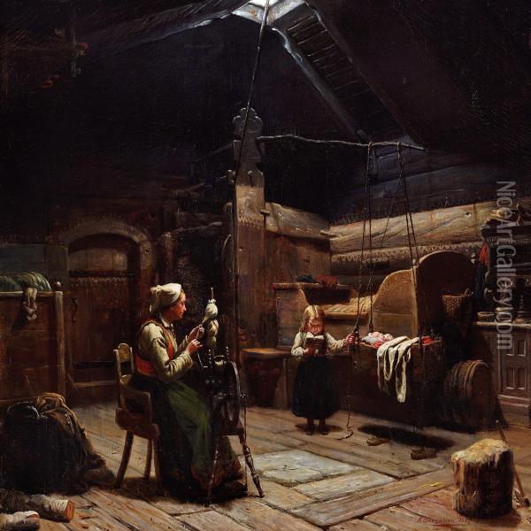 Interior From A Norwegian Oil Painting - Knud Bergslien