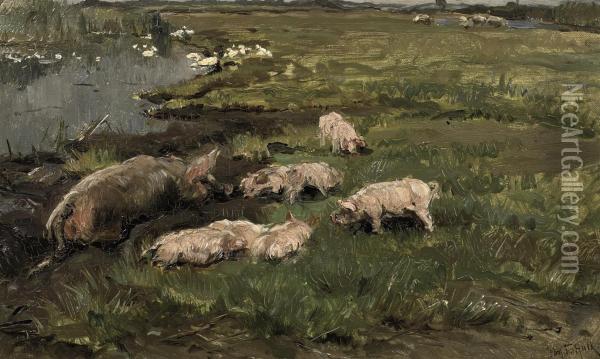 Pigs In The Mud Oil Painting - Johannes Frederik Hulk, Snr.