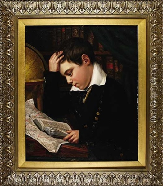 The Artist's Son James Whiting Metcalf Aged Twelve, Studying Geography Oil Painting - Eliab Metcalf