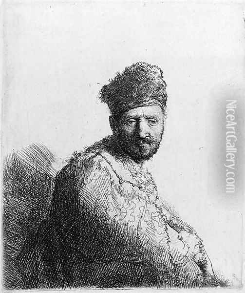 A bearded Man in a furred oriental Cap and Robe the Artist's Father Oil Painting - Rembrandt Van Rijn
