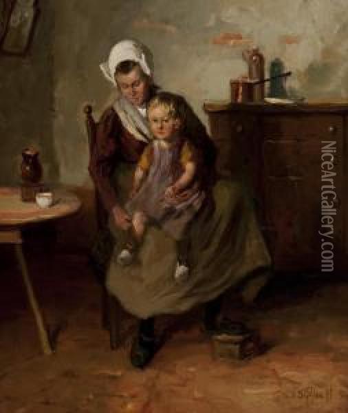 Mother With Child In An Interior Oil Painting - Gijsbertus Jan Sijthoff