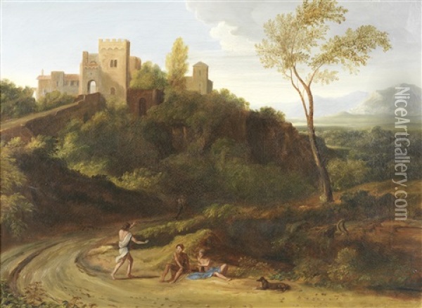 An Italianate Landscape With Figures Resting And A View Of Tivoli Beyond; And A Shepherd And His Flock In An Italianate Landscape (2 Works) Oil Painting - Gaspard Dughet